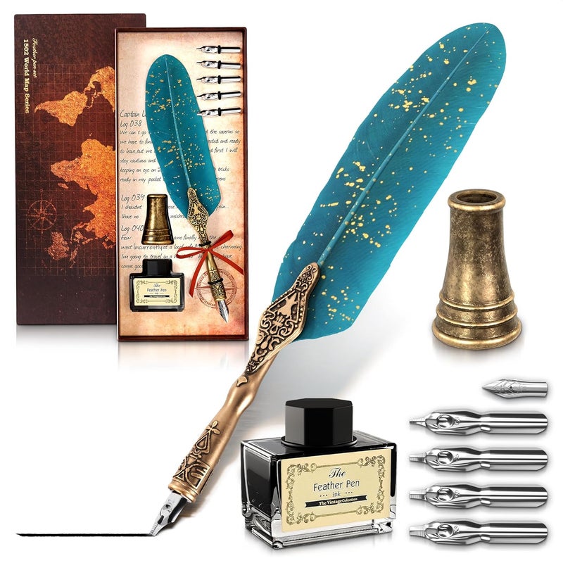 Kotko Turquoise Feather Quill Pen and Ink Set – Stainless Steel Dip Pen with 5 Nibs, Non-Slip Grip, Stand & Gift Box – Vintage Quill and Ink Set for Signing, Writing Calligraphy Kit, Elegant Writer Gift - Image 1